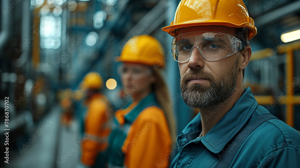 A group of three construction workers standing in front of an industrial construction site A group of three construction workers standing in front of an industrial construction site