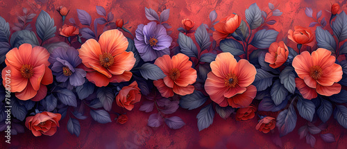 a many orange flowers on a red background with leaves photo
