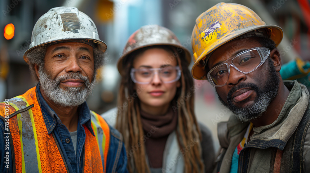 A group of three construction workers standing in front of an industrial construction site A group of three construction workers standing in front of an industrial construction site