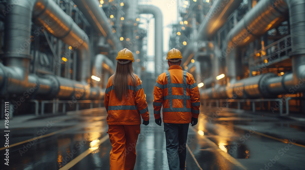 A group of three construction workers standing in front of an industrial construction site A group of three construction workers standing in front of an industrial construction site