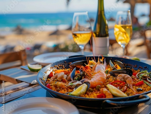 A delicious paella with seafood and white wine by the beach. photo