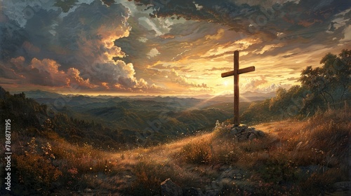 Jesus Christ's cross over hills photo