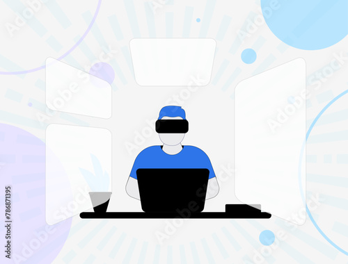 Augmented and virtual reality concept. Working in multiple windows with helmet. VR shopping and checkout experience with virtual reality helmet. Vector illustration with icons on white background