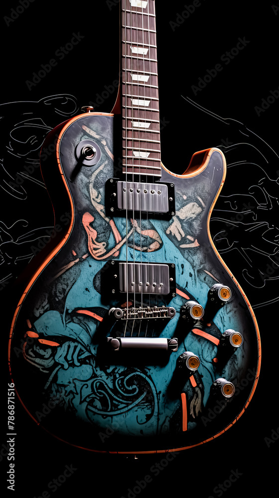 Fototapeta premium The black guitar features exquisite gold hardware