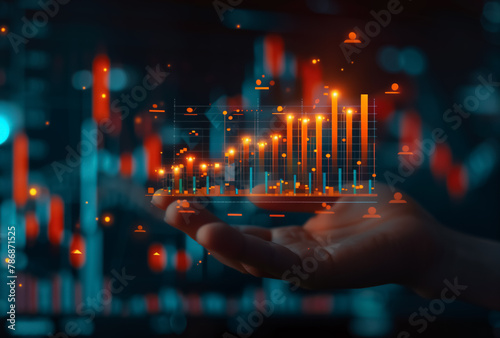 A hand interacts with a futuristic holographic stock market chart, signifying advanced financial analytics. showcasing the future of market analysis and trading technology.
