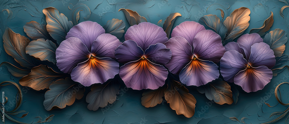 purple flowers on a blue background with gold leaves