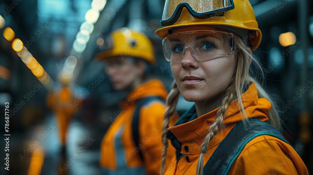 A group of three construction workers standing in front of an industrial construction site A group of three construction workers standing in front of an industrial construction site