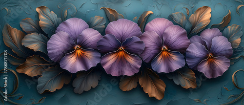 purple flowers on a blue background with gold leaves