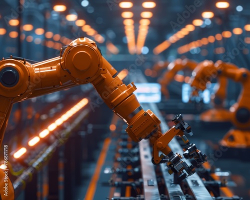 An orange robotic arm on an automated assembly line in a factory.