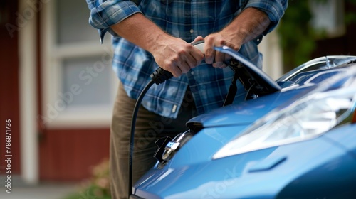 Midsection of man plugging in cable while charging electric car