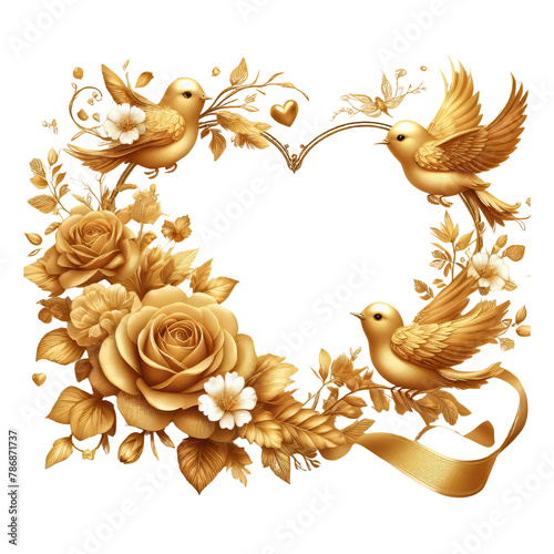 Golden floral heart photo frame with Love birds and wings. Image frame with bloom spring golden pink rose.