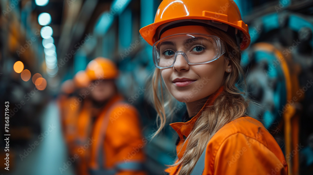 A group of three construction workers standing in front of an industrial construction site A group of three construction workers standing in front of an industrial construction site