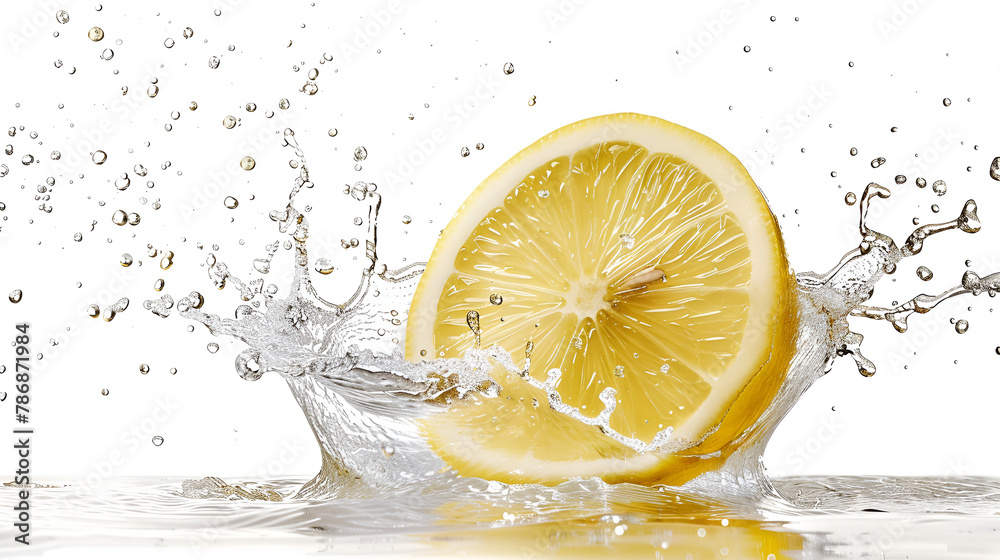 A cut lemon splits into two halves releasing a splash.  water splash with lemons. 