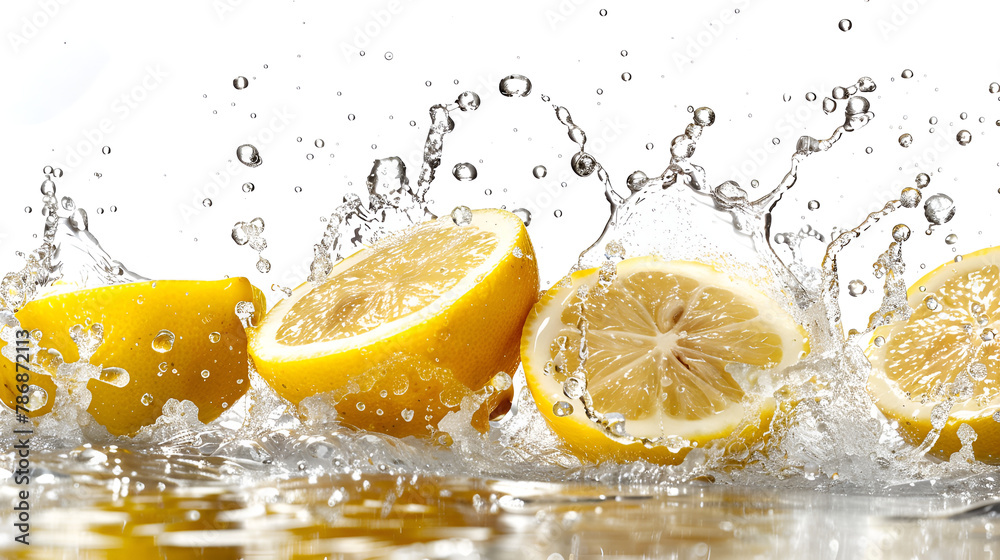 A cut lemon splits into two halves releasing a splash. water splash with lemons. A cut lemon splits into two halves releasing a splash. water splash with lemons.