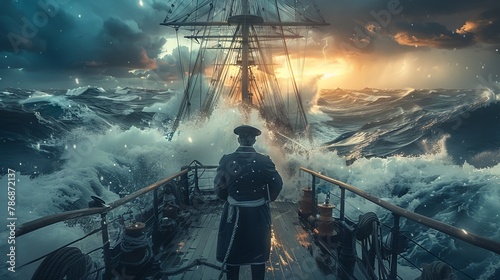 A naval commander strategizing on the bridge of a ship in turbulent waters, representing steadfast leadership photo
