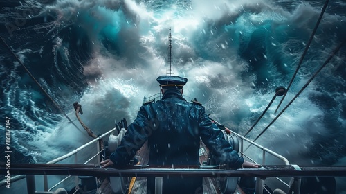 A naval commander strategizing on the bridge of a ship in turbulent waters, representing steadfast leadership photo