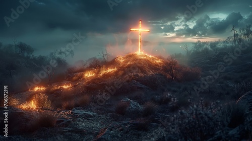 Golgotha hill with glowing cross