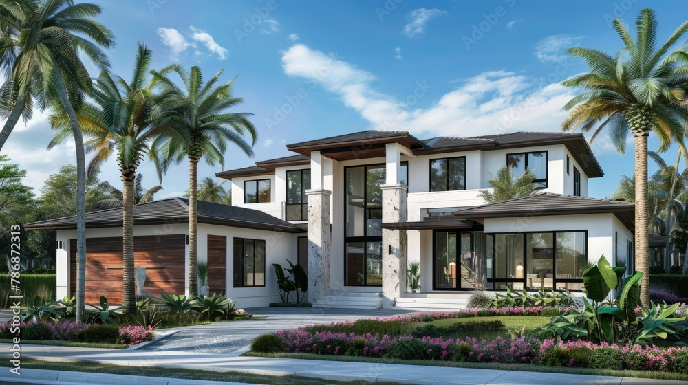 Create a captivating 3D rendering featuring a modern home designed for coastal living.
