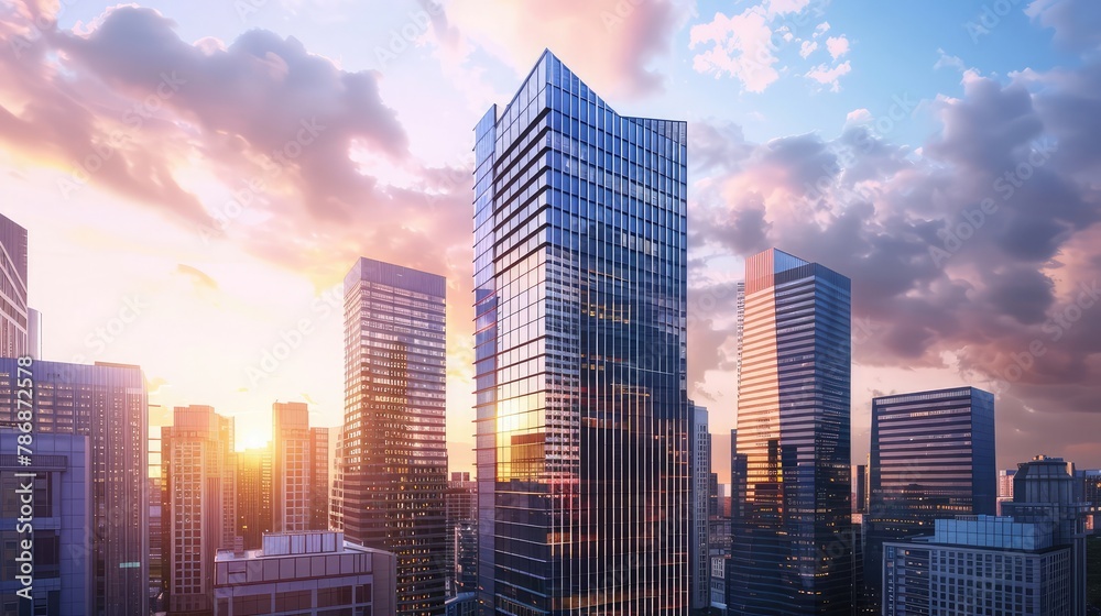A sleek, high-rise office tower soaring above the city skyline, housing corporate headquarters and prestigious firms, with modern amenities and panoramic views that reflect the success 