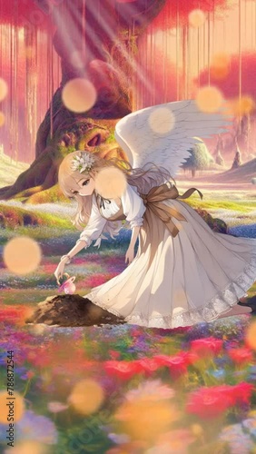An angel planting a pacifier in the soil