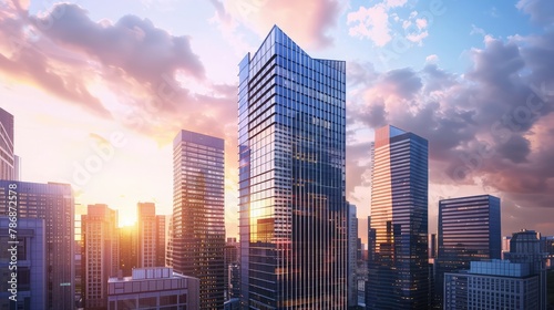 A sleek  high-rise office tower soaring above the city skyline  housing corporate headquarters and prestigious firms  with modern amenities and panoramic views that reflect the success 
