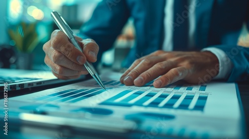 Close-Up of Businessman Analyzing Financial Graphs: Hands Holding Pen Pointing at Charts on Desk, Business Analysis Concept