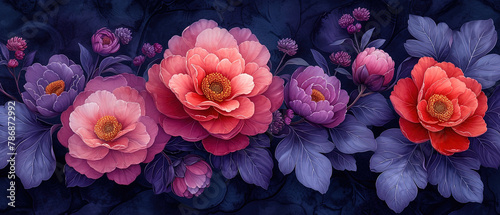 a many flowers that are on a dark background photo