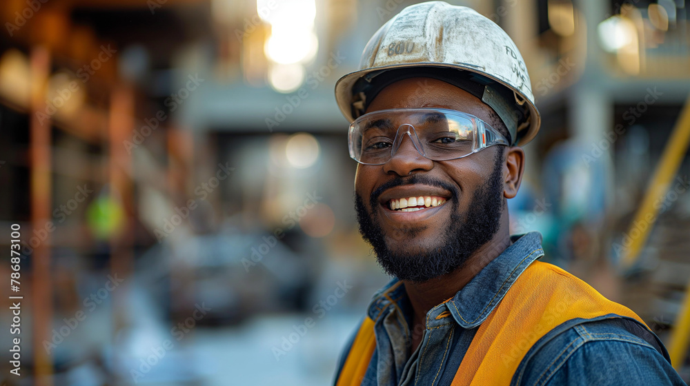 A group of three construction workers standing in front of an industrial construction site A group of three construction workers standing in front of an industrial construction site