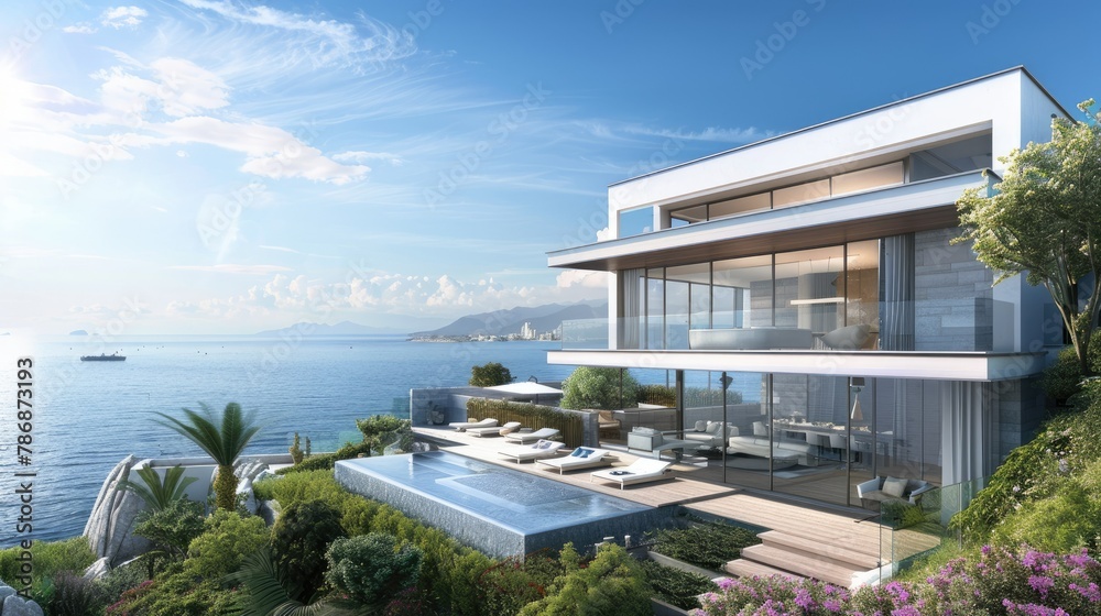 Create a captivating visual representation in 3D, showcasing the exterior of a modern home against the backdrop of a picturesque sea and a vibrant blue sky.