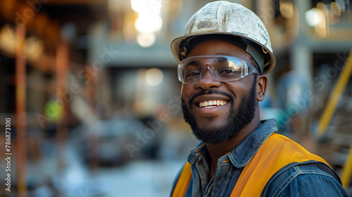 A group of three construction workers standing in front of an industrial construction site