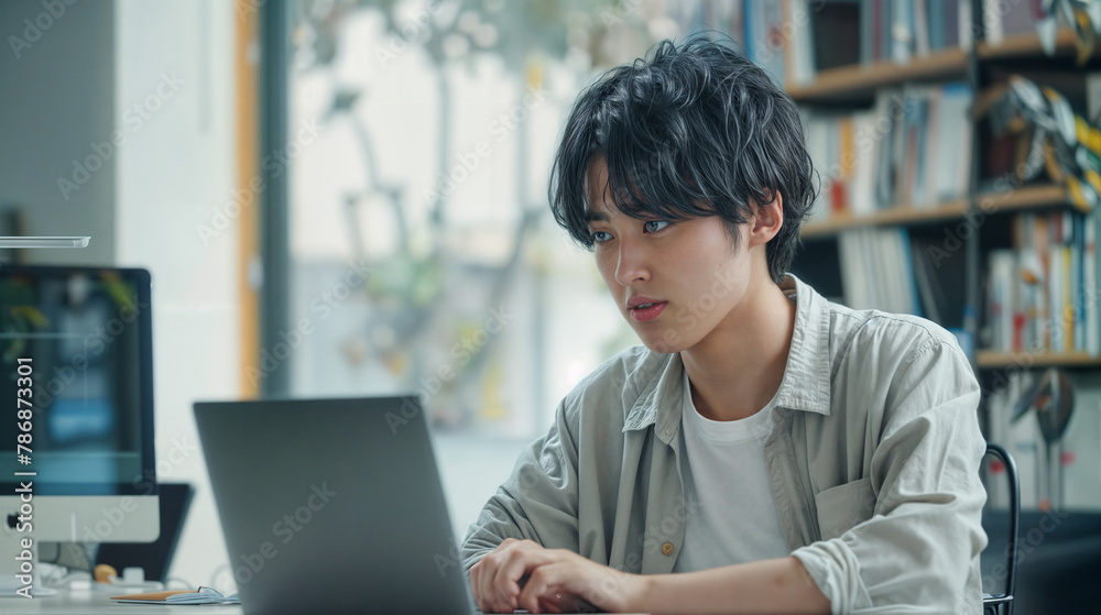 A young asian man works on a computer while sitting at a table in a modern bright office - obrazy, fototapety, plakaty 