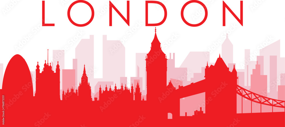 Red panoramic city skyline poster with reddish misty transparent background buildings of LONDON, UNITED KINGDOM