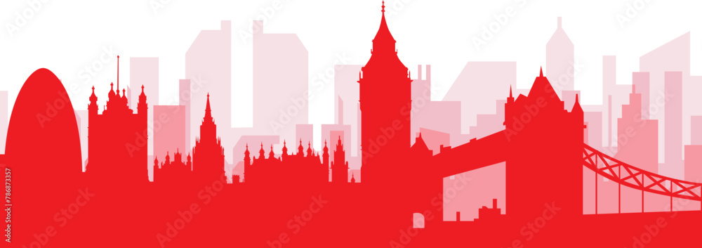 Red panoramic city skyline poster with reddish misty transparent background buildings of LIVERPOOL, UNITED KINGDOM