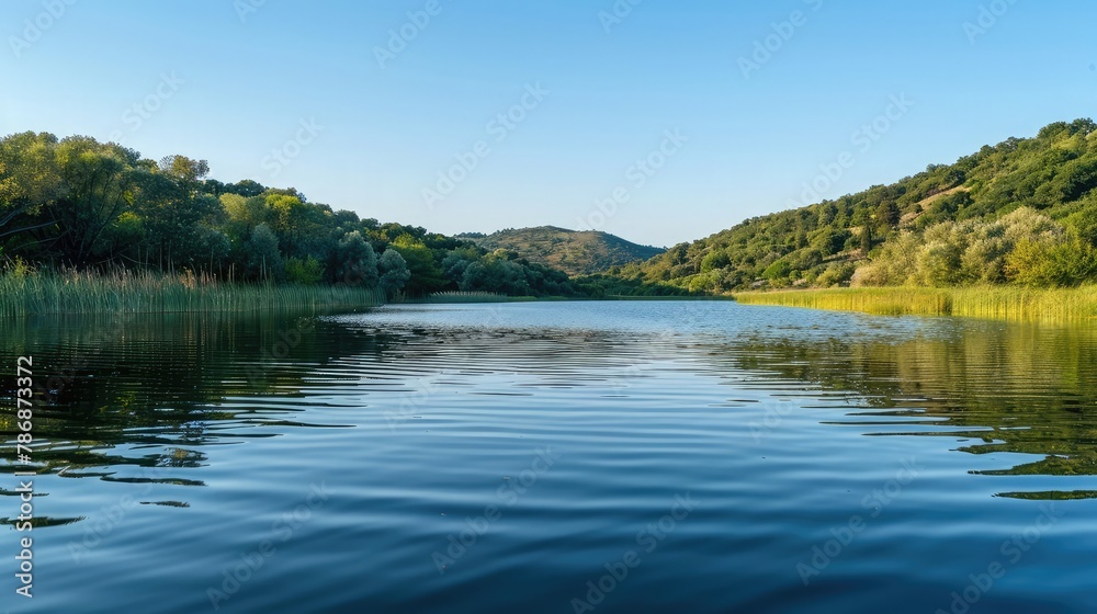 A gentle freshwater lake with ripples on the surface, flanked by lush greenery and a clear sky.