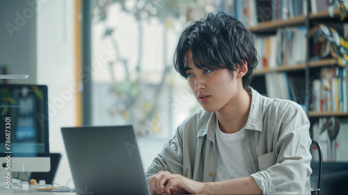 A young asian man works on a computer while sitting at a table in a modern bright office