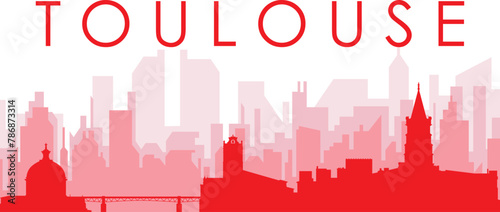 Red panoramic city skyline poster with reddish misty transparent background buildings of TOULOUSE, FRANCE