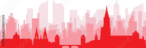 Red panoramic city skyline poster with reddish misty transparent background buildings of STRASBOURG  FRANCE