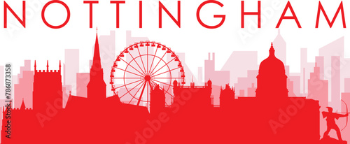 Red panoramic city skyline poster with reddish misty transparent background buildings of NOTTINGHAM, UNITED KINGDOM