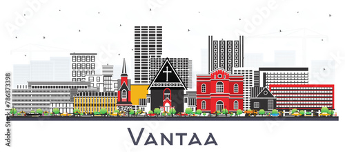 Vantaa Finland city skyline with color buildings isolated on white. Vantaa cityscape with landmarks. Business travel and tourism concept with modern and historic architecture.