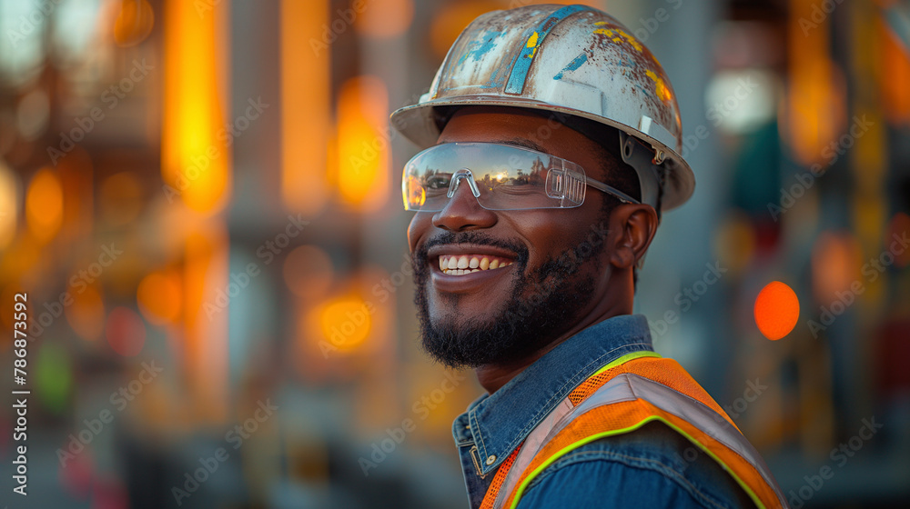Smiling man with dreadlocks wearing sunglasses and a construction helmet Smiling man with dreadlocks wearing sunglasses and a construction helmet