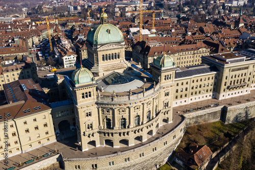 Bern, Switzerland: Aerial view of the Parliament building, the Bundeshaus in German, which is also the seat of the Swiss government photo