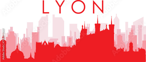 Red panoramic city skyline poster with reddish misty transparent background buildings of LYON  FRANCE