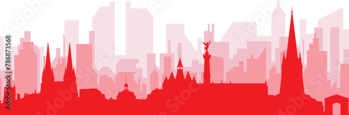 Red panoramic city skyline poster with reddish misty transparent background buildings of BORDEAUX, FRANCE