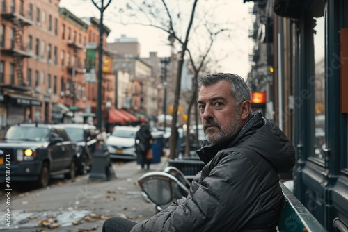 Handsome middle-aged man with gray beard and mustache in black jacket sitting on a bench in the streets of New York City