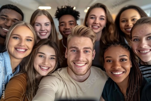 Multicultural happy people taking group selfie portrait in the office  diverse people celebrating together  Happy lifestyle and teamwork concept