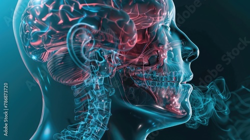 A medical illustration showing endotracheal intubation in a transparent human head and neck, highlighting the brain and airway.