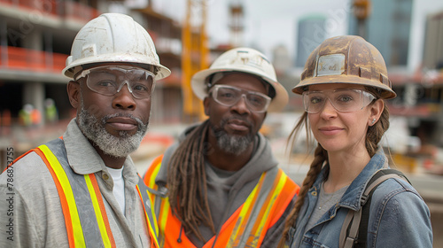 A group of three construction workers standing in front of an industrial construction site
