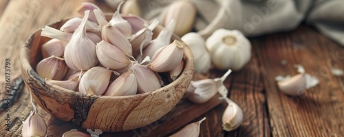 garlic is in a wooden bowl