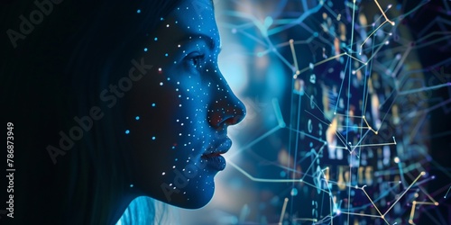 online net work, female side face, blue background
