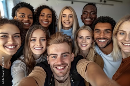 Multicultural happy people taking group selfie portrait in the office, diverse people celebrating together, Happy lifestyle and teamwork concept © nicole
